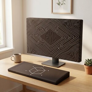 Mörkbrunt Topography Maze PC-skärmskydd - 3D optisk illusion monogram dator dammskydd - vitt kontur skärmskydd