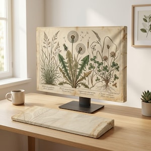 Op de afbeelding: Een computermonitorhoes en bijpassende polssteun voor het toetsenbord met een vintage botanische illustratie van paardenbloemen, grassen en klaver op een crèmekleurige achtergrond met verouderde papiertexturen en handgeschreven Latijnse plantennamen.