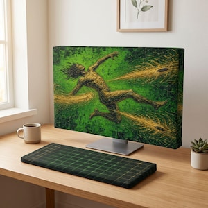 Può includere: Una copertura per monitor di computer con sfondo verde scuro e una figura testurizzata color oro in una posa dinamica e fluttuante. La figura è circondata da raggi di luce dorati, su un motivo a griglia che copre lo schermo del monitor.