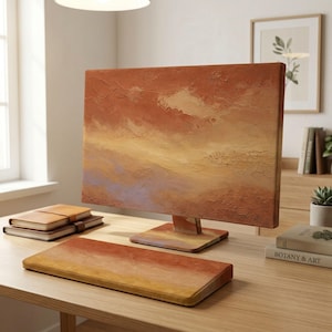 Op de afbeelding: Een computermonitor en een bijpassende polssteun voor het toetsenbord met een textuurrijk, abstract schilderij in impasto-stijl in tinten van gebrand oranje, oker en zacht lavendel. Het scherm en het oppervlak van de polssteun delen een samenhangend, gelaagd kleurenpalet met zichtbare penseelstreken over het gehele vooroppervlak.