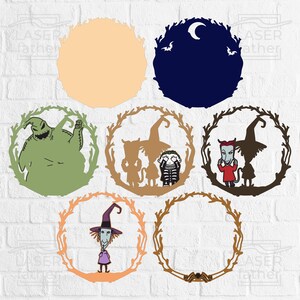 May include: Set of 6 Halloween-themed wreath designs featuring characters from The Nightmare Before Christmas. The designs include Jack Skellington, Sally, Oogie Boogie, and Lock, Shock, and Barrel. The wreaths are perfect for decorating your home for the Halloween season.