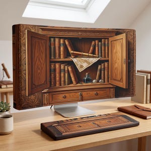 May include: A computer monitor and keyboard cover set featuring a printed design of an open wooden cabinet filled with antique books, a brass telescope, a map, an inkwell, and spectacles, with a matching drawer motif on the keyboard cover.