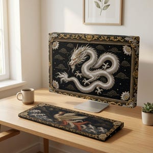 May include: A computer monitor featuring a white dragon illustration on a black background with a gold ornate frame, paired with a matching rectangular keyboard mat displaying a phoenix design, both set on a light wood desk surface.