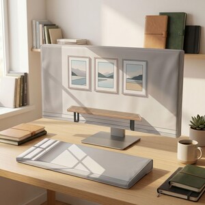 May include: A light grey computer monitor cover featuring a print of three framed landscape pictures and a wooden bench. The cover is placed on a desk alongside a matching light grey keyboard cover, several notebooks, a succulent, and a mug.