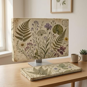 Peut inclure: Une housse d'écran d'ordinateur et une housse de clavier assortie avec un imprimé botanique vintage de fougères, de fleurs sauvages et de feuilles sur fond crème. Le design inclut des étiquettes comme Flora Silvestris et des détails manuscrits.