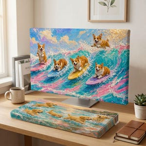 Surfing Corgi Puppy Wave PC Monitor Cover - Ocean Oil Painting - Kids Nursery Golden Retriever Decor Keyboard Sleeve