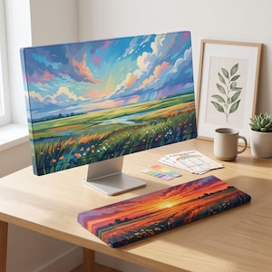 May include: A computer monitor displaying a vibrant landscape painting of a field under a blue and pink sky, paired with a matching rectangular keyboard wrist rest featuring a sunset scene, set on a wooden desk with a mug and a framed print.
