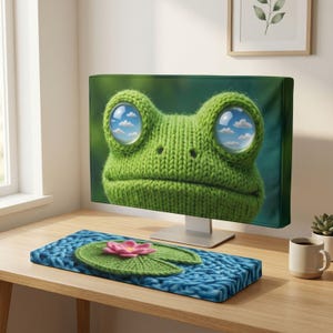 May include: A computer monitor cover featuring a green knitted frog with large, reflective eyes showing a blue sky and clouds. The matching keyboard wrist rest displays a blue knitted texture with a green lily pad and a pink lotus flower.