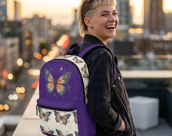 Purple Floral Butterfly Backpack: Colorful School Travel Bag  display picture 1