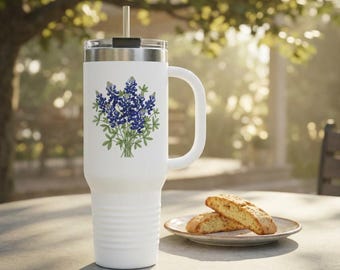 40oz Tumbler Bluebonnet bouquet, gift for texas lovers best Insulated Travel Mug spring flower garden drinkware
