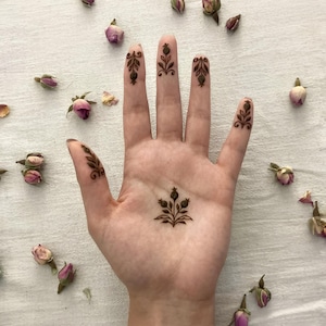 May include: A hand adorned with henna designs, featuring floral patterns on the fingers and palm. Scattered around are dried pink rosebuds, creating a natural and artistic composition. The henna designs are a dark brown color.