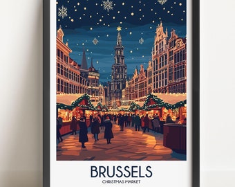Affiche de voyage de Bruxelles Impression de voyage de Bruxelles Affiche de voyage de marché de Noël, impression de voyage, marché de Noël, cadeau d'art déco murale, cadeau pour la maison