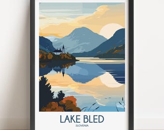 Lake Bled Slovenia Travel Poster, Vintage Style Art Print