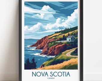 May include: A framed travel poster featuring a stylized illustration of the Nova Scotia coastline in Canada. The artwork depicts a blue house on a cliff overlooking the ocean, with rolling green hills, dark trees, and a cloudy blue sky above.