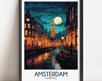 Amsterdam Travel Poster, Netherlands Cityscape Art Print