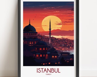Istanbul Sunset Travel Poster, Turkey Art Print