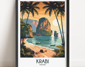 Krabi Thailand Art Print, Tropical Beach Travel Poster, Coastal Landscape Wall Art