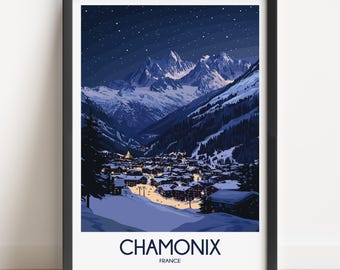 Chamonix France Travel Poster, Mountain Village Art Print