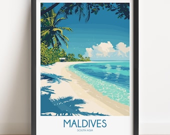 May include: A framed travel poster featuring a tropical beach scene in the Maldives, South Asia. The illustration depicts a white sand beach, turquoise ocean water, palm trees, and blue sky with white clouds. The text MALDIVES SOUTH ASIA is printed.