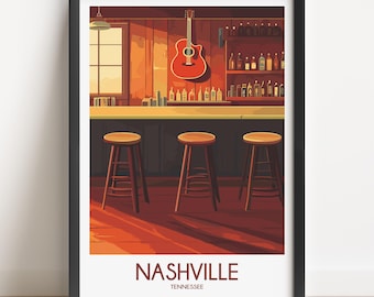 May include: A framed art print featuring a bar scene with three wooden stools, a counter, shelves of bottles, and a guitar hanging on a wood-paneled wall. The text NASHVILLE TENNESSEE is printed in dark red at the bottom of the white-bordered image.