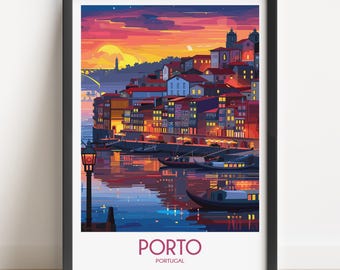 Porto Portugal Travel Poster, Sunset Cityscape Print