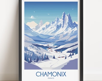 Chamonix France Travel Poster, Vintage Ski Mountain Print