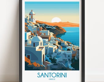 Santorini Greece Travel Poster, Coastal Village Art Print