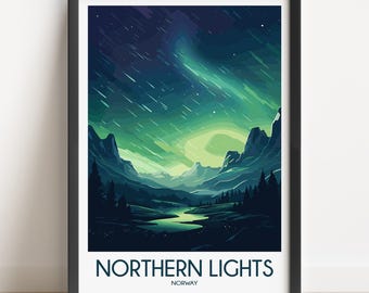 Northern Lights Norway Travel Poster, Aurora Borealis Art Print