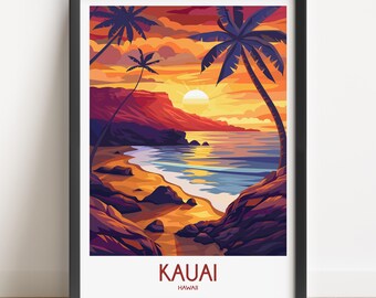 Kauai Hawaii Travel Poster, Sunset Beach Print