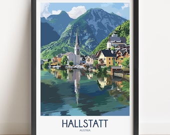 Hallstatt Austria Travel Poster, Vintage Style Art Print