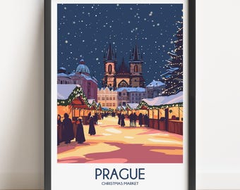 Prague Christmas Market Travel Poster, Vintage Style Art Print