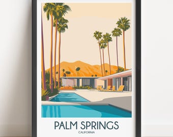 Puede incluir: Una impresión artística enmarcada con una ilustración retro de Palm Springs, California. La obra de arte representa una casa moderna de mediados de siglo con piscina, palmeras y montañas bajo un cielo naranja. Las palabras "PALM SPRINGS" y "CALIFORNIA" están impresas en la parte inferior.