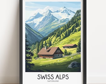 May include: A framed wall art print featuring a landscape illustration of the Swiss Alps with snow-capped mountains, green hills, and wooden cabins. The text SWISS ALPS SWITZERLAND is printed in black at the bottom of the white border area.