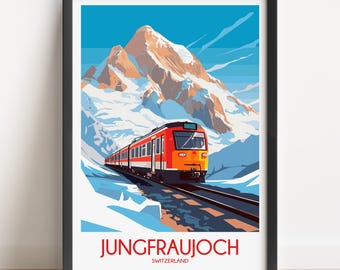 Jungfraujoch Switzerland Travel Poster, Mountain Train Art Print