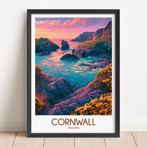 May include: A framed travel poster featuring a coastal landscape in Cornwall, England. The artwork depicts rocky cliffs, turquoise water, and yellow wildflowers under a vibrant sunset sky. The text CORNWALL ENGLAND is printed at the bottom.