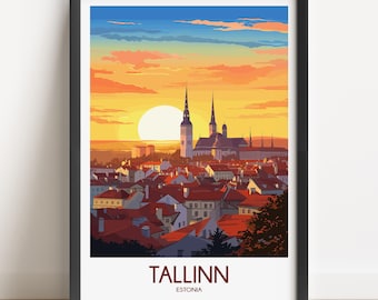 Tallinn Estonia Travel Poster, Sunset Cityscape Art Print
