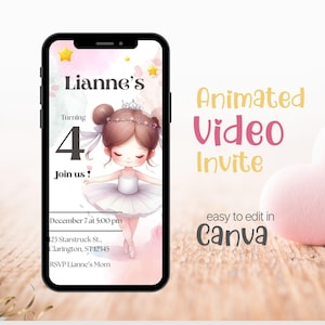 Ballerina verjaardagsuitnodiging, ballerina balletdanser meisje verjaardagsuitnodiging, geanimeerde mobiele video-uitnodiging, mp4, personalisatie