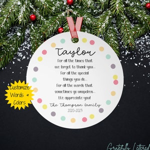 Thank you Gift for Teacher, Nanny, Daycare, Childcare Provider, Babysitter Appreciation, Personalized Christmas Ornament, Custom Name date