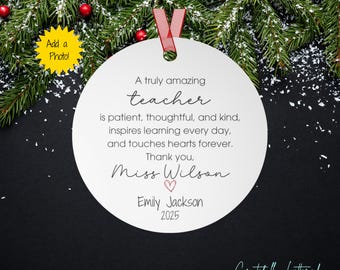 Teacher Photo Ornament Personalized, Thank You Teacher Christmas Gift, Teacher Appreciation Keepsake with Poem, Custom Name Ornament