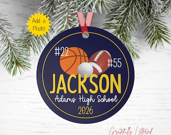 Personalized Multi Sport Christmas Ornament, Two Sport Athlete Gift, Custom Name Team Football Basketball Baseball Keepsake