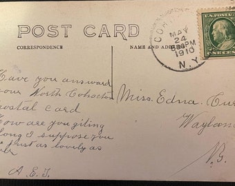 Scott #387 C 1 Cent Benjamin Franklin 1910 over photo post card of Loon Lake NY
