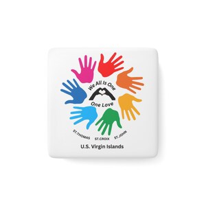 Färgglad enhetsmagnet - Vi alla är ett, kärlek, souvenir från Amerikanska Jungfruöarna, handdesign, heminredning, present till resenärer