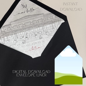 Könnte beinhalten: Schwarzer Umschlag mit einem digitalen Download-Umschlagfutter. Das Futter zeigt eine detaillierte Strichzeichnung eines Gebäudes mit dem Text "Ciao Bella" und "Please join us in Italia". Die Worte "Instant Download" sind ebenfalls sichtbar.