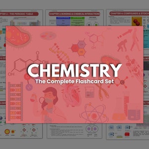 May include: A pink and red illustration of a chemistry flashcard set. The illustration includes various chemical structures, a heart, a beaker, a DNA strand, and a person wearing a face mask. The text "CHEMISTRY The Complete Flashcard Set" is in white letters on a red background.