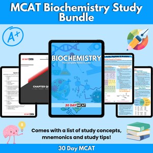 Pode incluir: Um guia de estudo digital para o exame MCAT, com foco em bioquímica. A capa apresenta um tablet que exibe o título "Bioquímica: O Pacote Completo de Notas" e uma ilustração colorida de uma molécula. O guia inclui uma lista de conceitos de estudo, mnemônicos e dicas de estudo.