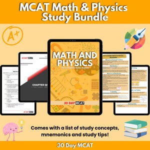 Peut inclure: Un guide d'étude numérique pour l'examen MCAT, intitulé "Mathématiques et Physique : Le Pack Complet de Notes". Le guide est affiché sur une tablette avec un fond jaune et présente une calculatrice et des symboles mathématiques. Le guide comprend un plan d'étude de 30 jours et est accompagné d'une liste de concepts d'étude, de mnémoniques et de conseils d'étude.