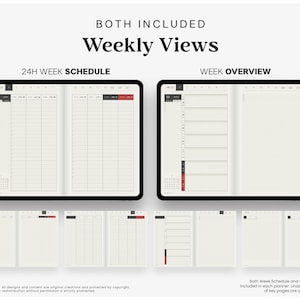 May include: A digital planner display showing two weekly views: a 24H Week Schedule and a Week Overview. The layouts feature grid lines, time slots, and calendar headers. Additional smaller page previews are shown at the bottom of the screen.