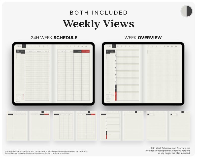 May include: A digital planner display showing two weekly views: a 24H Week Schedule and a Week Overview. The layouts feature grid lines, time slots, and calendar headers. Additional smaller page previews are shown at the bottom of the screen.