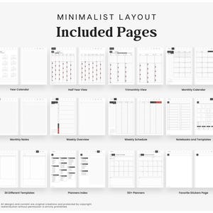 May include: A digital planner layout display featuring twelve sections labeled Minimalist Layout Included Pages. The grid shows various white page templates including year calendars, monthly views, weekly schedules, notes, and index pages with black text.