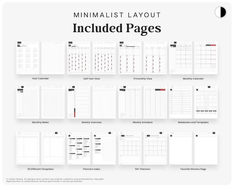 May include: A digital planner layout display featuring twelve sections labeled Minimalist Layout Included Pages. The grid shows various white page templates including year calendars, monthly views, weekly schedules, notes, and index pages with black text.